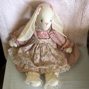 Vtg 80s Hand Made OOAK Bunny Rabbit Doll Fleece Dress Ears Cotton Apron 21”